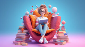 lector feliz leyendo un libro, ilustración en 3d