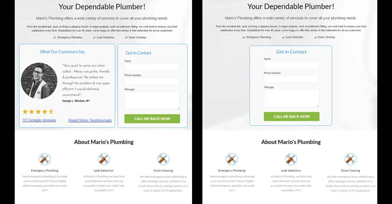 2 versiones de landing page con reseñas y sin reseñas