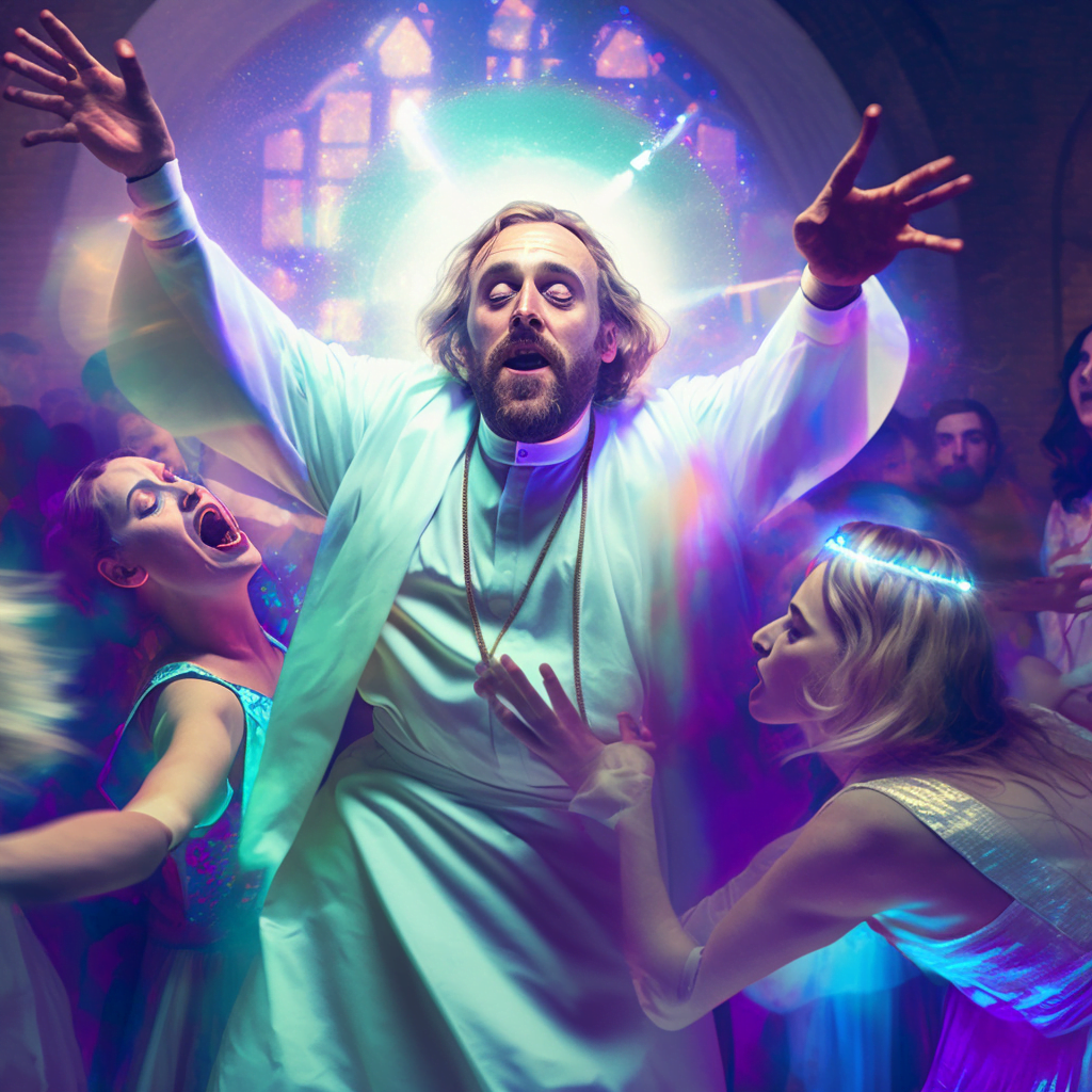 drunk priest dancing at a disco with girls realistic 8k